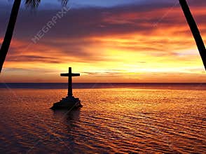 Tropical Sunset with Cross Silhouette