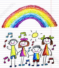 Kids drawing image. Little children, boys and girls. School, kindergarten illustration. Play and grow. Teacher with