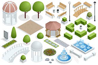 Isometric icon set for construction beautiful city parks. Buildings city garden park furniture. City park set with