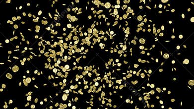 Explosion of gold coins turning into a tornado on black.