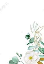 Watercolor drawing, frame of eucalyptus leaves and white rosehip flowers with gold sparkling leaves. Vintage flower vignette with