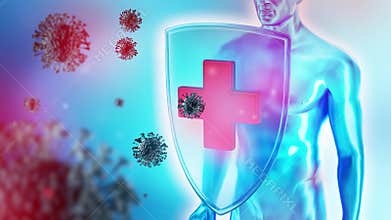 Immune system of human 3d rendered movie clip. Human shields battles with viruses.