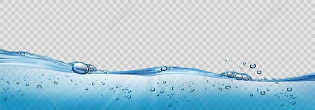 Realistic transparent Water waves with air bubbles and sunbeams on transparent background.