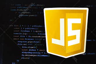 Moscow, Russia - 1 June 2020: JavaScript JS logo sign with program code on background Illustrative Editorial