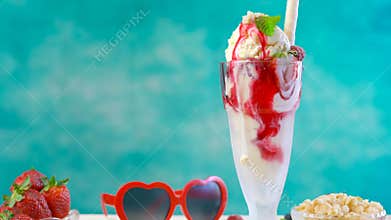 Making gourmet berry and vanilla ice cream sundae