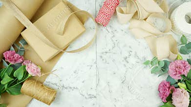 Zero-waste, plastic-free, eco-friendly gift wrapping flatlay stop motion.