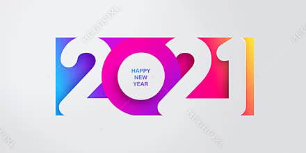 Happy New Year 2021 banner in paper cut style for seasonal holidays flyers, greetings and invitations, christmas themed congratula