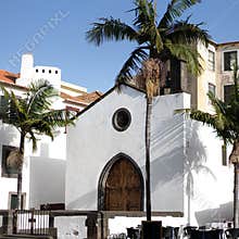 Ancient white church under the sun, palm trees in the street