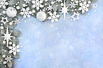 Christmas Border with Stars Baubles Fir and Snow