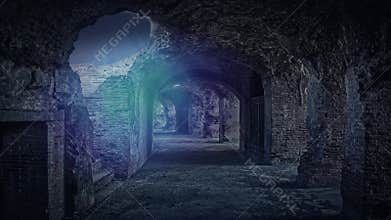 Dark dungeon, mysterious presences, ethereal light in a overwhelming atmosphere.