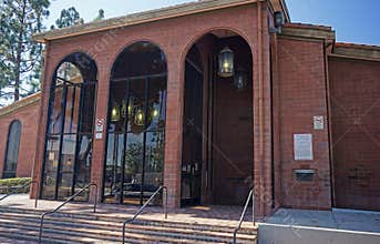 Exterior facade of Los Angeles Public Library Wilmington Branch entrance, California