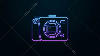 Glowing neon line Mirrorless camera icon isolated on black background. Foto camera icon. 4K Video motion graphic