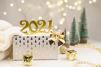Numbers 2021 on Golden bokeh background New year mood, Christmas, greeting card, new year background