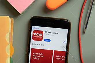 New York, USA - 29 September 2020: CVS Pharmacy mobile app logo on phone screen close up, Illustrative Editorial