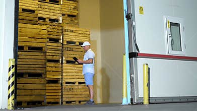 Apple storage. warehouse. male employee with digital tablet works in warehouse. backdrop of huge storage fridge camera