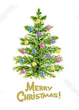 Christmas fir tree with decorative balls and greeting text, watercolor illustration isolated on white background, hand drawn