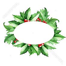 Watercolor oval frame made of Christmas leaves and holly berries. christmas clipart, frame for congratulations, postcards. new yea