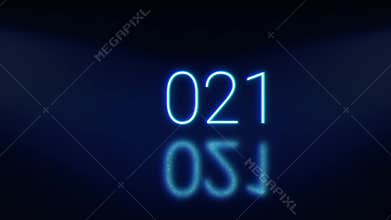 2021 Happy New Year bright glowing neon blinking numerals. Blue signboard with shadow