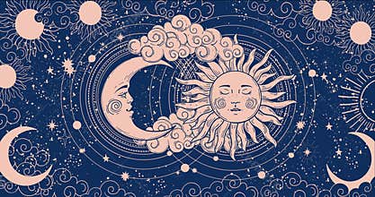 Cartoon background for astrology, tarot, magic and esotericism. Smooth 4K video rendering. Animation of a crescent moon