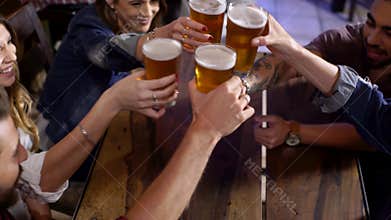 Happy group of friends, boys and girls celebrating in a bar making a toast and drinking beer.