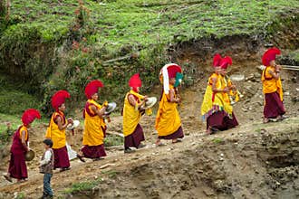 Buddhist monk procession at ceremony of Buddha annivewrsary celebration in Nepal temple