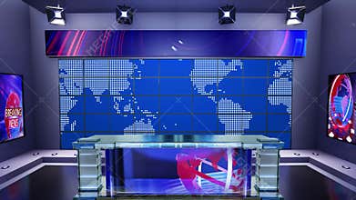 3D virtual TV studio with panoramic city skyline view at night with green screen and floodlightsTitle: 3d virtual news studio. Ann