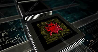 Cyber crime with virus or worm symbol in processor factory loopable