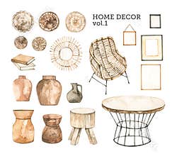 Watercolor design elements of modern interior items. Marrocco vibes. Home decor: vase, wicker chair, wooden table, wicker wall