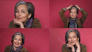Adult woman shows emotion on camera. Collage video. The woman laughs at the hair. Propped his head with his hand. High