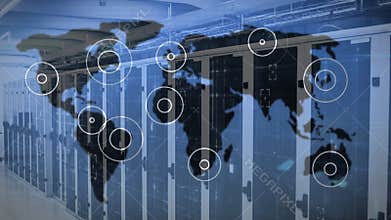 Circles pulsating over world map against server room