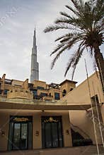 Tallest building in the world Burj Kalifa, view from Souq al Bahar parking side. Dubai, UAE