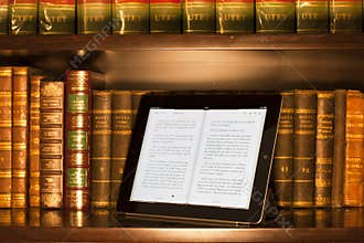 Apple ipad 2 in a library, warm colors