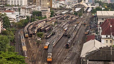 Time-lapse of old trains parking in rail yard at Hua Lamphong train station in Bangkok city, Thailand. Railway transportation