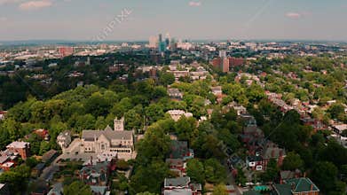 Wide shot over Houses and Neighborhoods with Skyline Anchorage Alaska