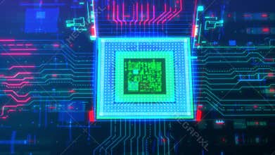 Data transmission through a virtual computer processor. Future technology. Closeup. Top view. 4K