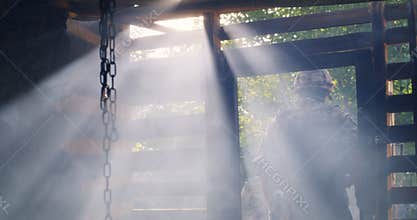 Squad of soldiers leaving shelter