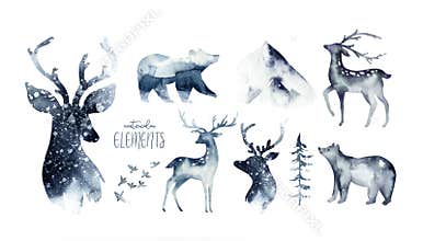 Watercolor winter forest with deer, bear and fox. Christmas tree landscape with Pine Trees fir in the Mountains. Hand