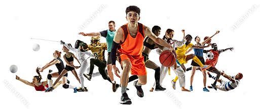 Sport collage of professional athletes or players isolated on white background, flyer