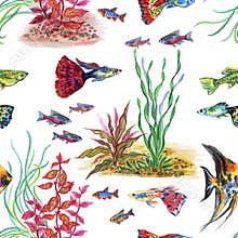 Seamless pattern of aquarium fish and plants