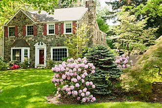 Family house with beautiful front lawn in spring