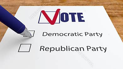 Voter marks by blue pen one checkbox on the voting ballot for democratic party