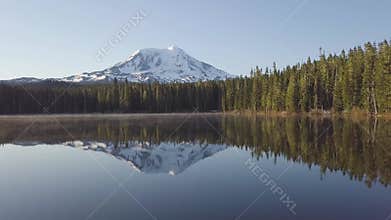 Volcano Mount Adams at Sunrise with Smooth Lake Reflection. Washington State, Great Northwest, United States of America. Mountain