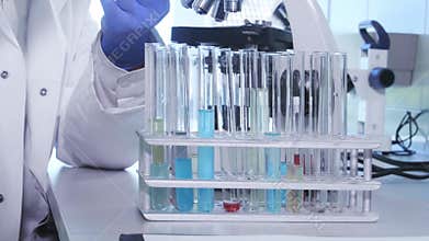 African-american scientist working in lab. Doctor making microbiology research. Biotechnology, chemistry, bacteriology