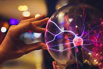 Hand touching a plasma ball with smooth magenta-blue flames.