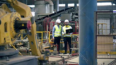 Professional engineers check equipment at a brick factory.