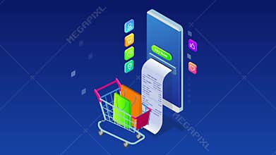 Isometric online shopping and payment, sale, consumerism, and online store. Mobile marketing and e-commerce. Internet