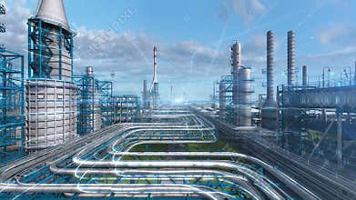 Oil and gas refinery plant factory with chemical formula design, industry petroleum zone, pipe steel and oil storage