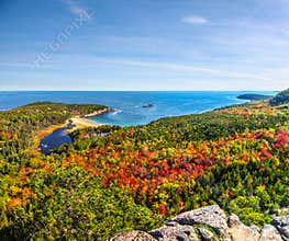Panoramic view of the stunning fall colors and blue waters of the Bay in Acadia National Park