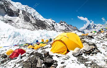 Mount Everest base camp, tents, Khumbu glacier and mountains, sagarmatha national park, trek to Everest base camp -