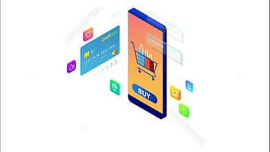 Isometric online shopping and payment, sale, consumerism, and online store. Mobile marketing and e-commerce. Internet